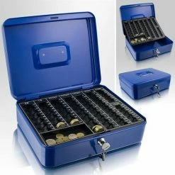 BITUXX Geldkassette 30 Cm Groß Flach Abschließbar Münz Geld Zählbrett Kasse Blau 300mm (mit Zählbrett)